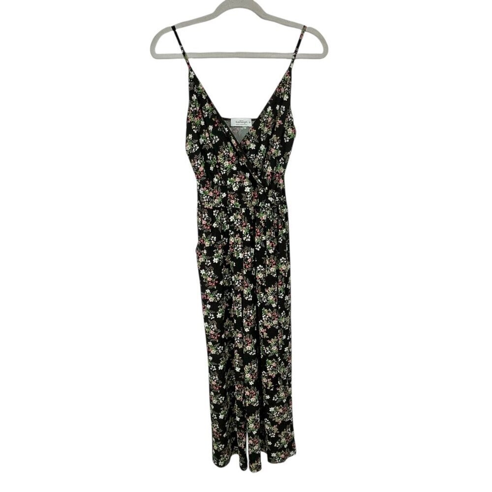 NWOT Black Floral Wide Leg Crop Jumpsuit Faux Wrap Strappy Small - Picture 2 of 12